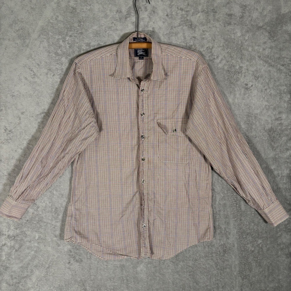Burberrys Mens Vintage Tattersall Check Button Down Shirt Tan Blue Red Size M